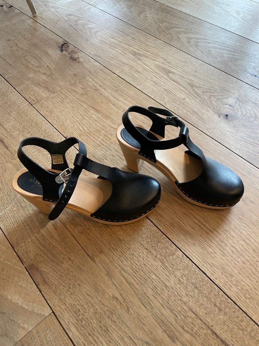 Swedish Hasbeens Black Leather Mary Jane Clogs